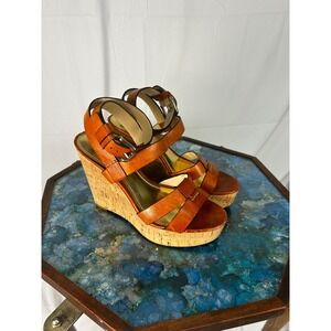 Coach Charla Cork Wedge Sandals Brown Leather Ankle Strap Size 7.5